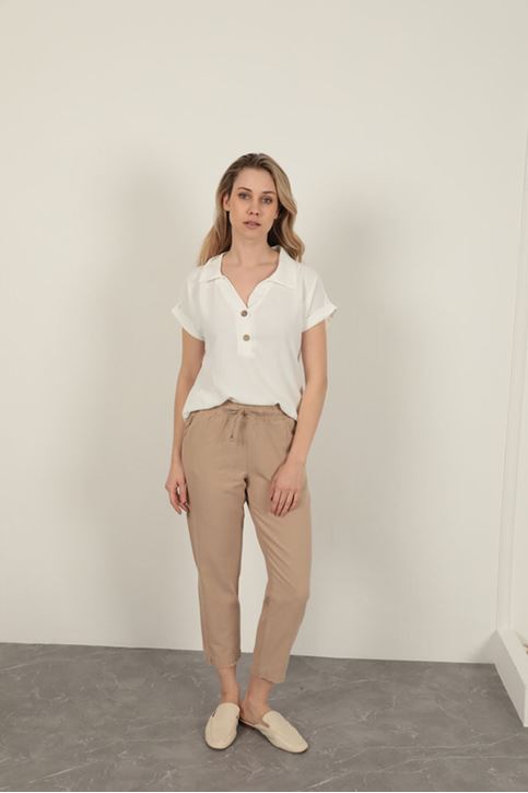 Keten Kumaş Püsküllü Paça Kadın Pantolon-Bej