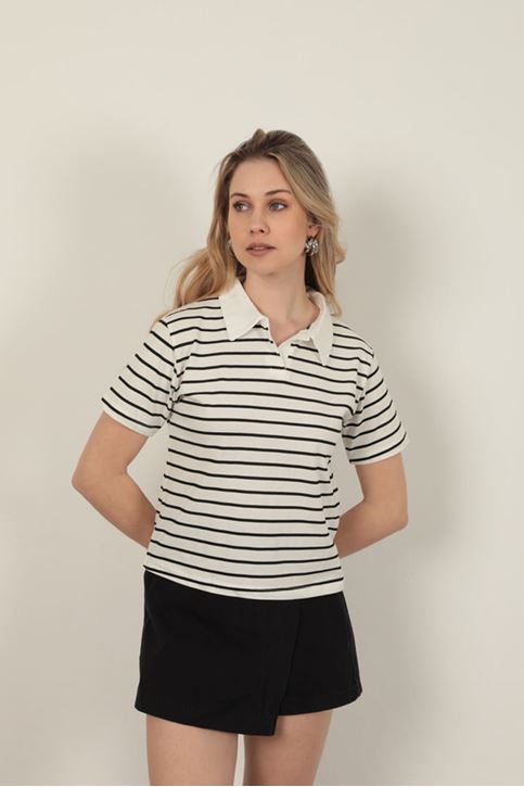 Süprem Kumaş Çizgili Kadın Tişört-Siyah