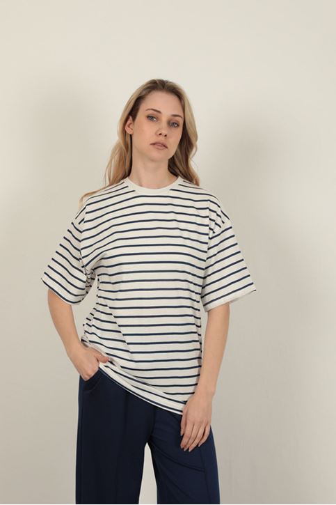 Süprem Kumaş Çizgili Sıfır Yaka Tişört-Lacivert