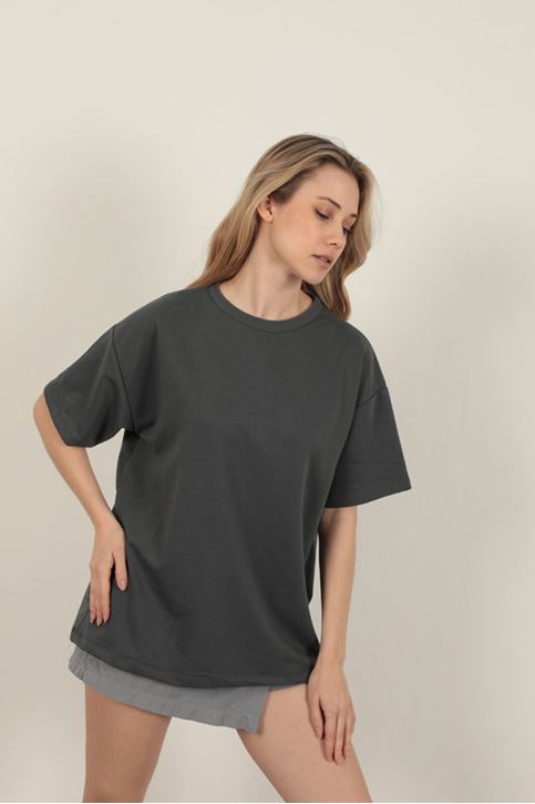 Sıfır Yaka Oversize İki İplik Tişört-Antrasit