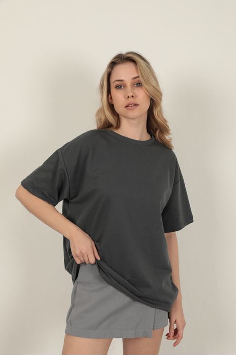 Sıfır Yaka Oversize İki İplik Tişört-Antrasit