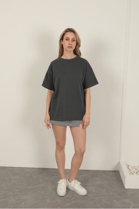 Sıfır Yaka Oversize İki İplik Tişört-Antrasit