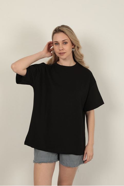 Sıfır Yaka Oversize İki İplik Tişört-Siyah