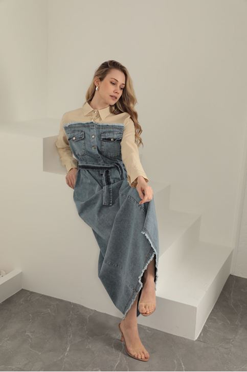 Denim Fabric Garnish Dress-Beige