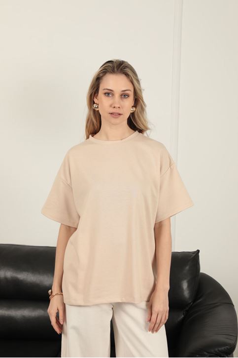 Sıfır Yaka Oversize İki İplik Tişört-Bej