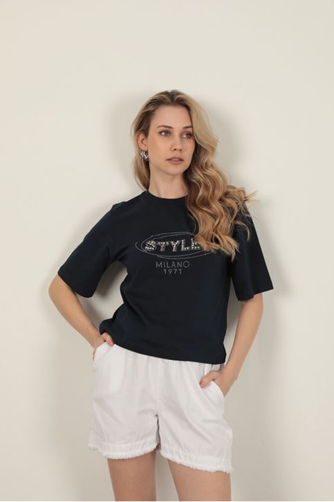  Stone Detailed Women's T-Shirt-Navy Blue