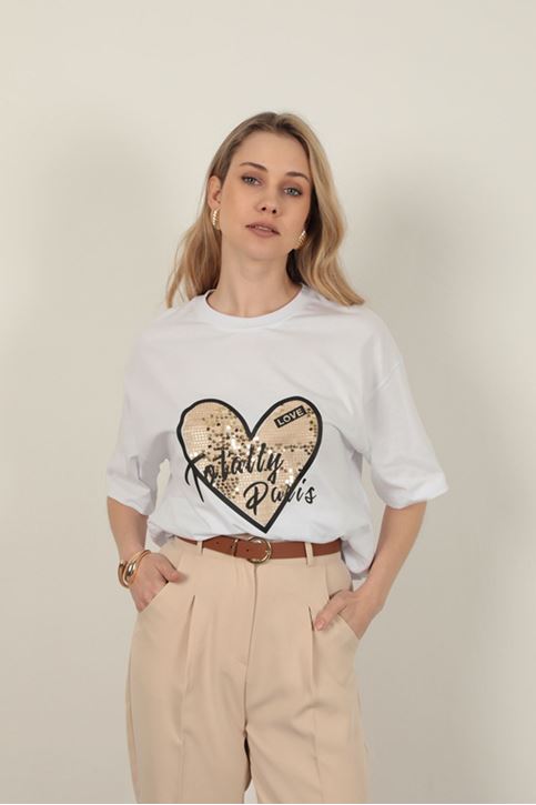 Süprem Kumaş Pul Detaylı Kadın Tişört-Beyaz