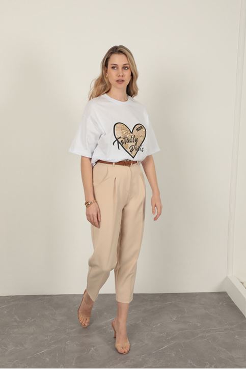 Süprem Kumaş Pul Detaylı Kadın Tişört-Beyaz