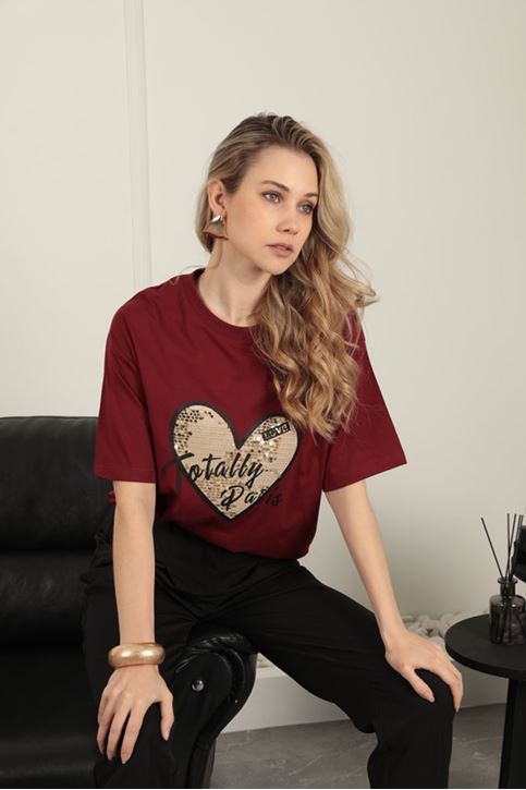 Women's T-Shirt with Sequin Detail-Burgundy