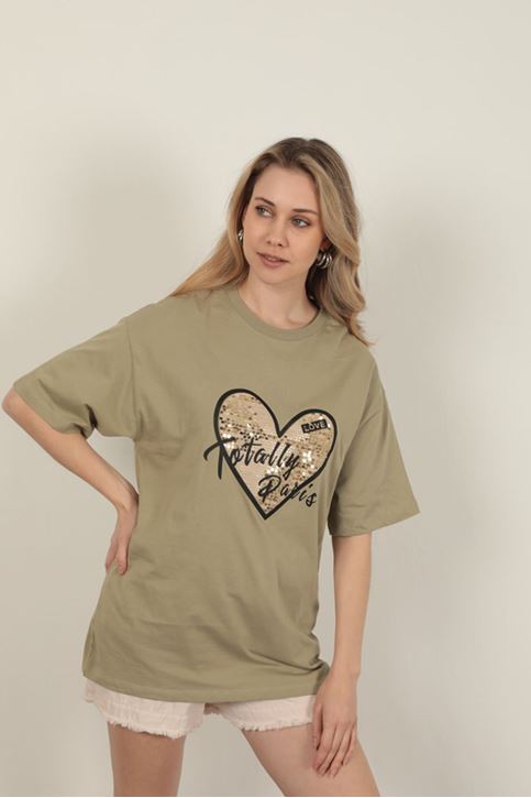 Süprem Kumaş Pul Detaylı Kadın Tişört-Haki