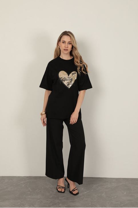 Süprem Kumaş Pul Detaylı Kadın Tişört-Siyah