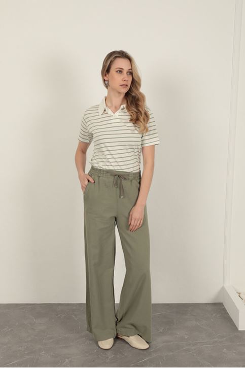 Keten Kumaş Bol Paça Kadın Pantolon-Haki