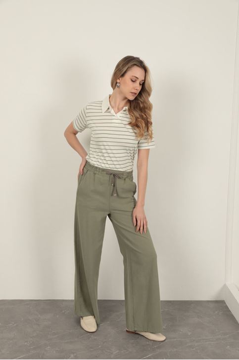 Keten Kumaş Bol Paça Kadın Pantolon-Haki