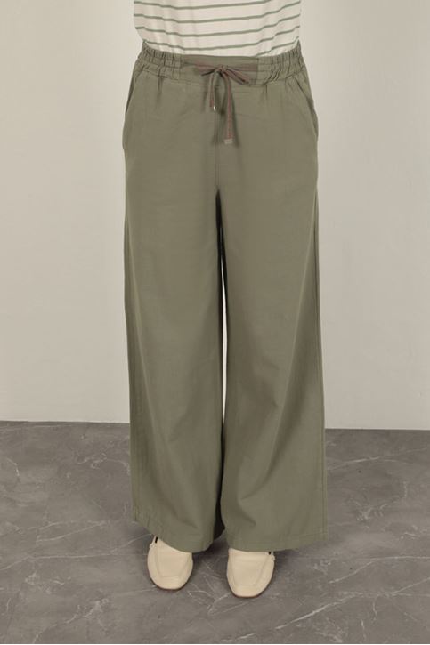 Keten Kumaş Bol Paça Kadın Pantolon-Haki