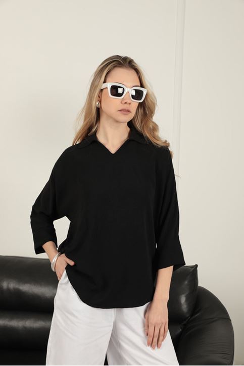 قميص نسائي برقبة على شكل حرف V - أسود
