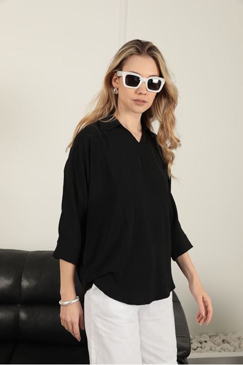 قميص نسائي برقبة على شكل حرف V - أسود