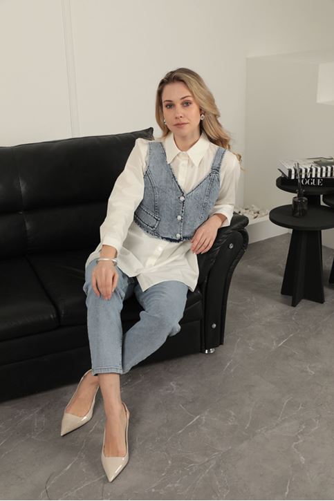 Poplin Fabric Vest Detailed Ecru Women's Shirt