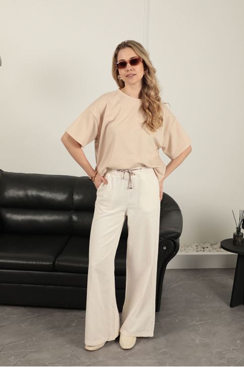 Keten Kumaş Bol Paça Kadın Pantolon-Ekru