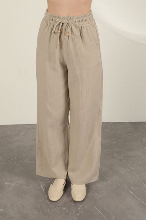 Müslin Kumaş Bol Paça Kadın Pantolon-Taş