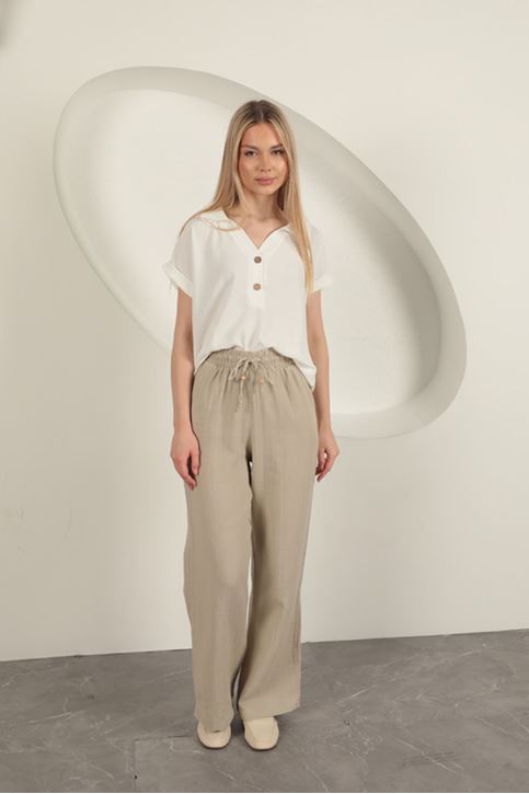 Müslin Kumaş Bol Paça Kadın Pantolon-Taş