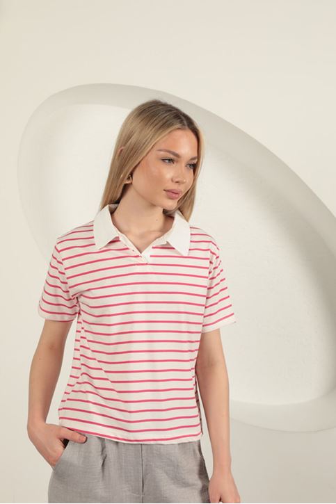 Süprem Kumaş Çizgili Kadın Tişört-Fuşya