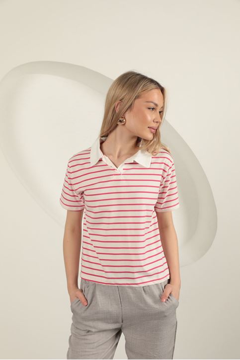 Süprem Kumaş Çizgili Kadın Tişört-Fuşya