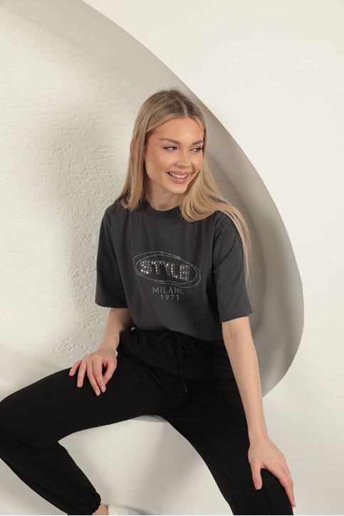 Süprem Kumaş Taş Detaylı Kadın Tişört-Antrasit