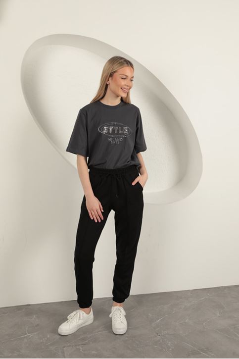 Süprem Kumaş Taş Detaylı Kadın Tişört-Antrasit