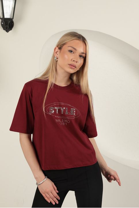  Stone Detailed Women's T-Shirt-Burgundy