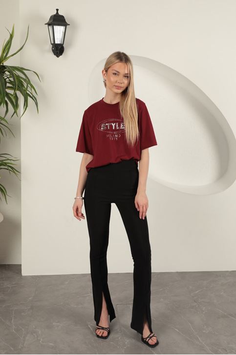 Süprem Kumaş Taş Detaylı Kadın Tişört-Bordo