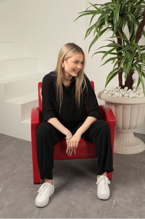 Aerobin Kumaş Düğmeli Kadın Gömlek-Siyah