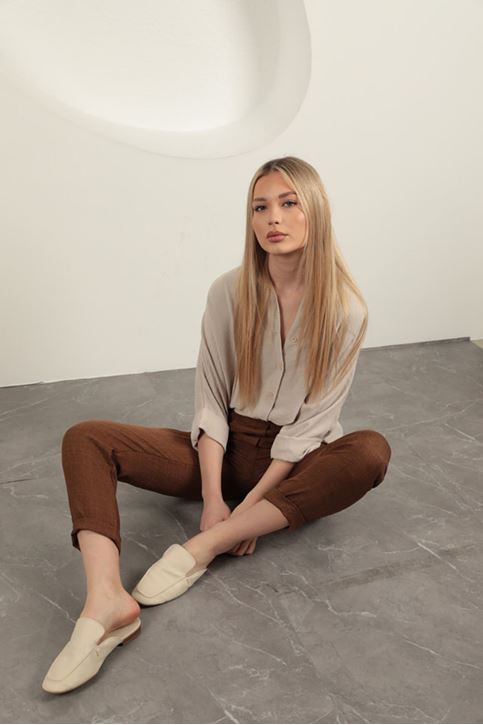 Sofia Keten Duble Paça Kadın Pantolon-Kahve