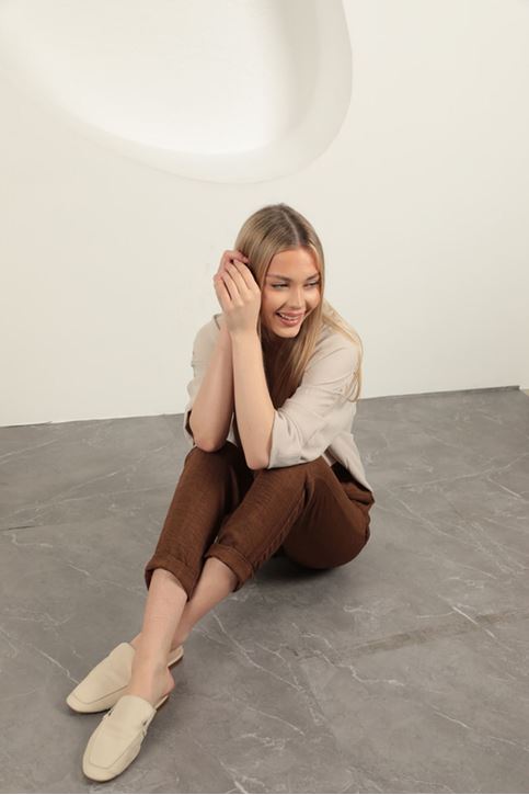 Sofia Keten Duble Paça Kadın Pantolon-Kahve