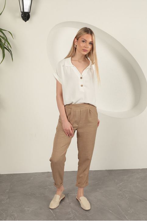 Sofia Keten Duble Paça Kadın Pantolon-Taba