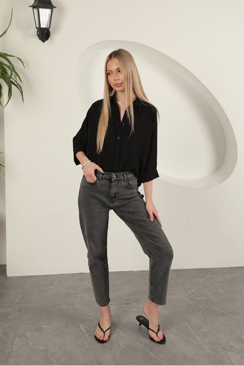 Denim Kumaş Kadın Pantolon-Antrasit