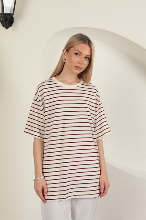 Süprem Kumaş Çizgili Sıfır Yaka Tişört-Bordo