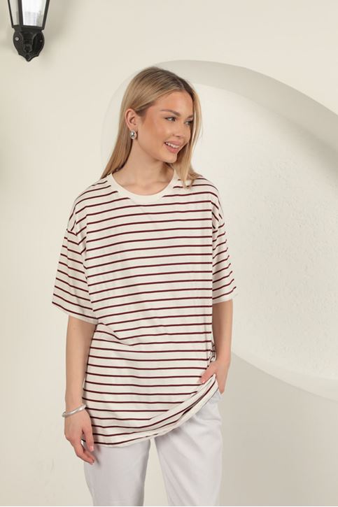 Süprem Kumaş Çizgili Sıfır Yaka Tişört-Bordo