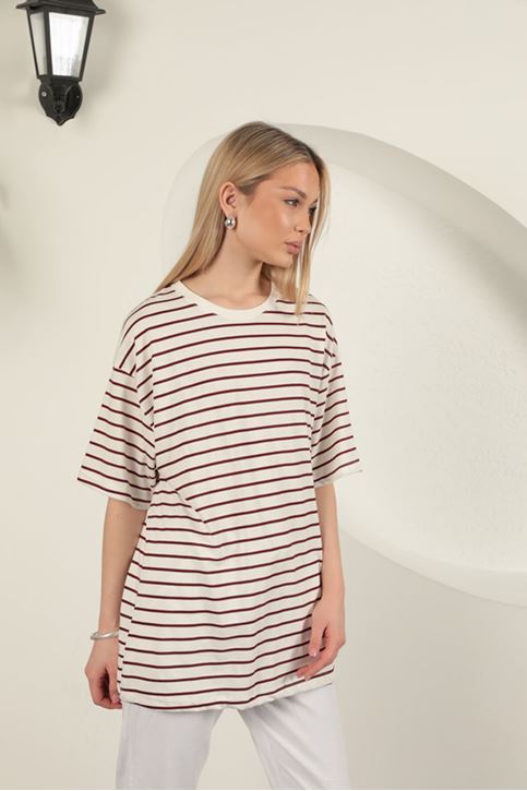 Süprem Kumaş Çizgili Sıfır Yaka Tişört-Bordo