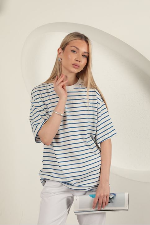 Süprem Kumaş Çizgili Sıfır Yaka Tişört-Mavi