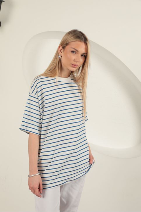 Süprem Kumaş Çizgili Sıfır Yaka Tişört-Mavi