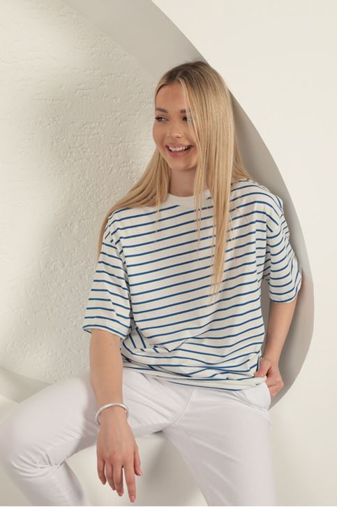 Süprem Kumaş Çizgili Sıfır Yaka Tişört-Mavi