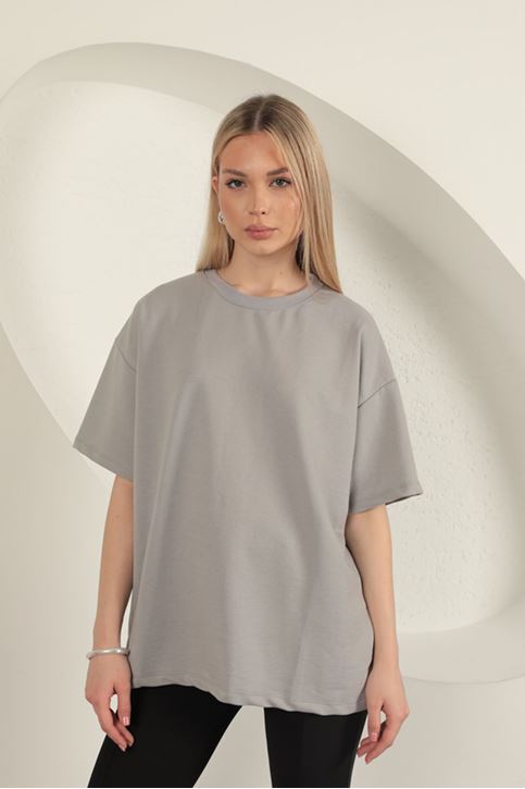 Sıfır Yaka Oversize İki İplik Tişört-Gri