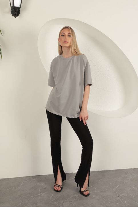 Sıfır Yaka Oversize İki İplik Tişört-Gri