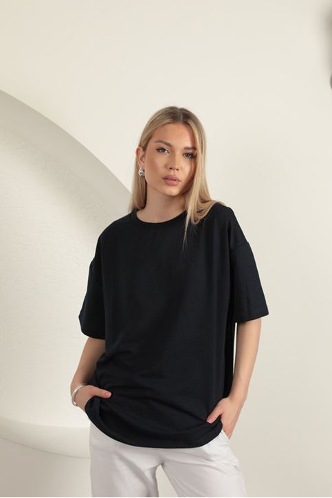 Sıfır Yaka Oversize İki İplik Tişört-Lacivert