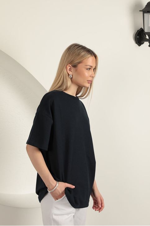 Sıfır Yaka Oversize İki İplik Tişört-Lacivert