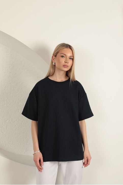 Sıfır Yaka Oversize İki İplik Tişört-Lacivert