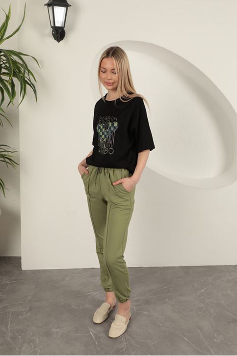 İki İplik Kumaş Çimalı Kadın Eşofman-Haki