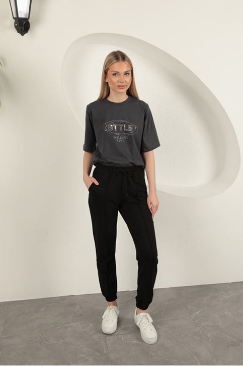 İki İplik Kumaş Çimalı Kadın Eşofman-Siyah