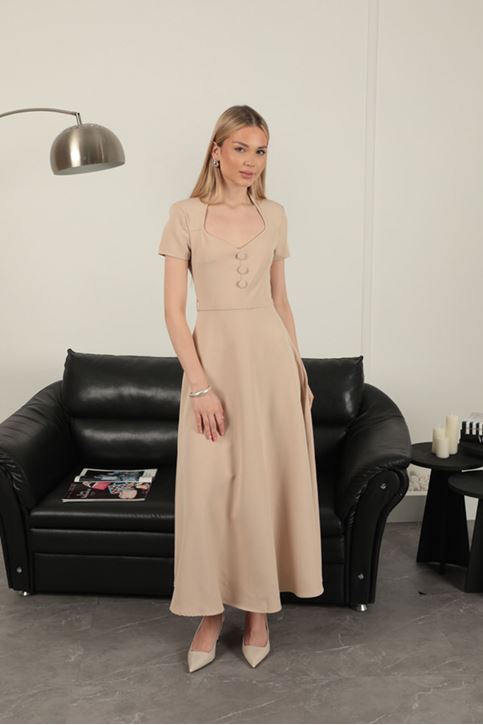 Double Atlas Kumaş Kemerli Elbise-Bej