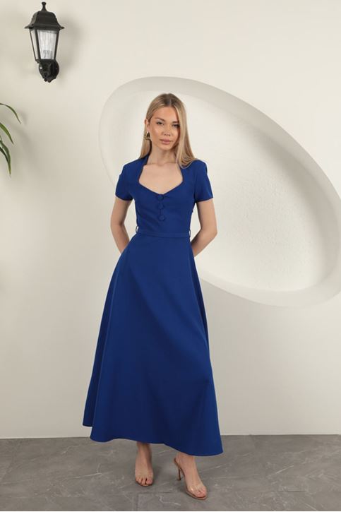 Double Atlas Kumaş Kemerli Elbise-Saks